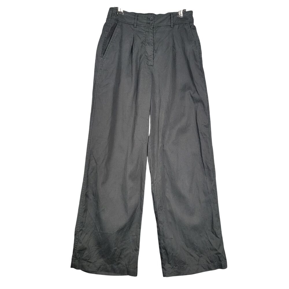 QUINCE Black Drapey Twill Pleated Trouser Cotton Linen Wide Leg Pants SIZE 8